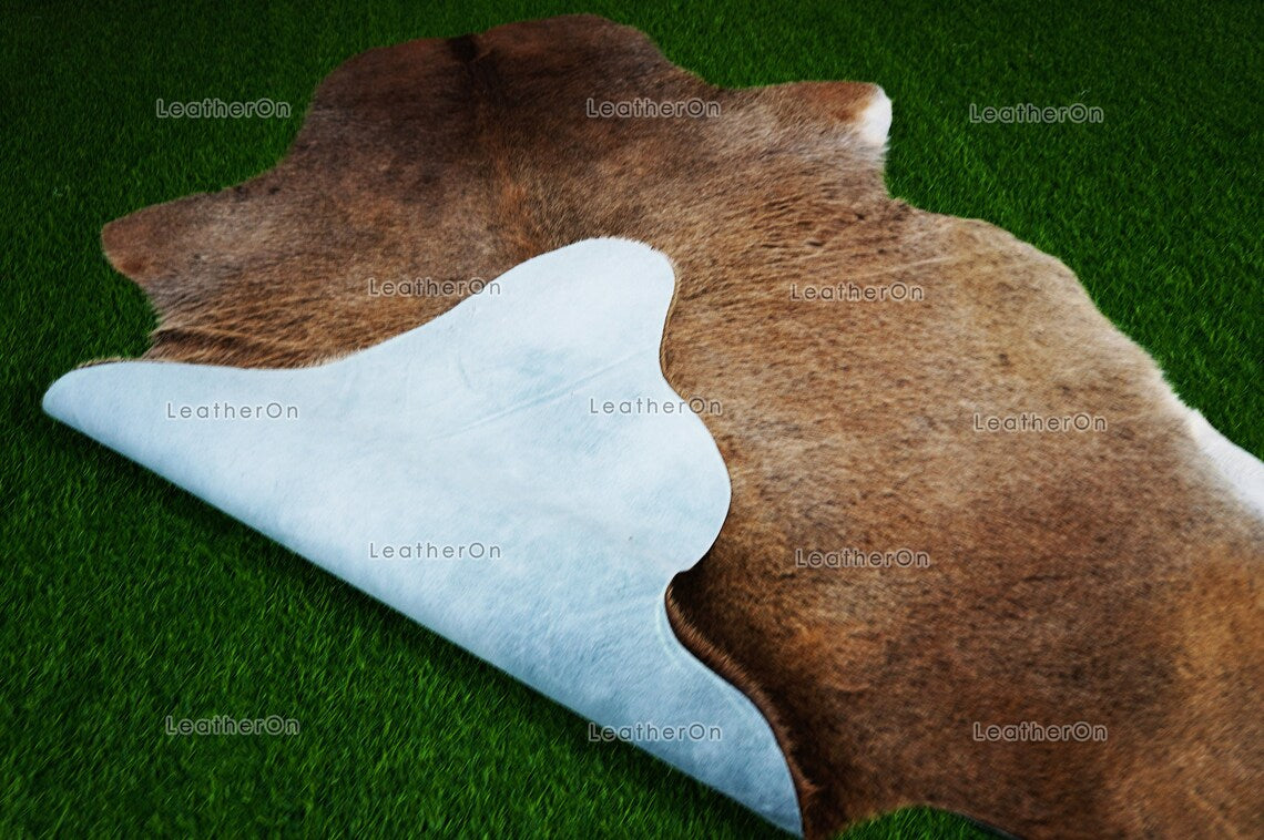 Tricolor Small (4.8 X 4.6 ft.) Exact As Photo Cowhide Rug | 100% Natural Cowhide Area Rug | Real Hair-on Leather Cowhide Rug | C866