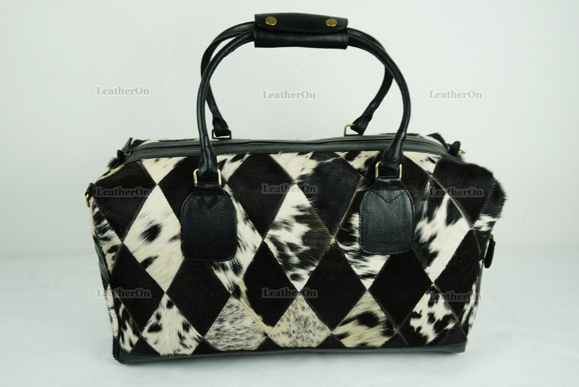 Cowhide Patchwork Duffel Bag | Natural Cowhide Duffel Bag | Hair-On-Leather Travel Bag | Cowhide Luggage Bag | Handmade Duffel Bag | DB92