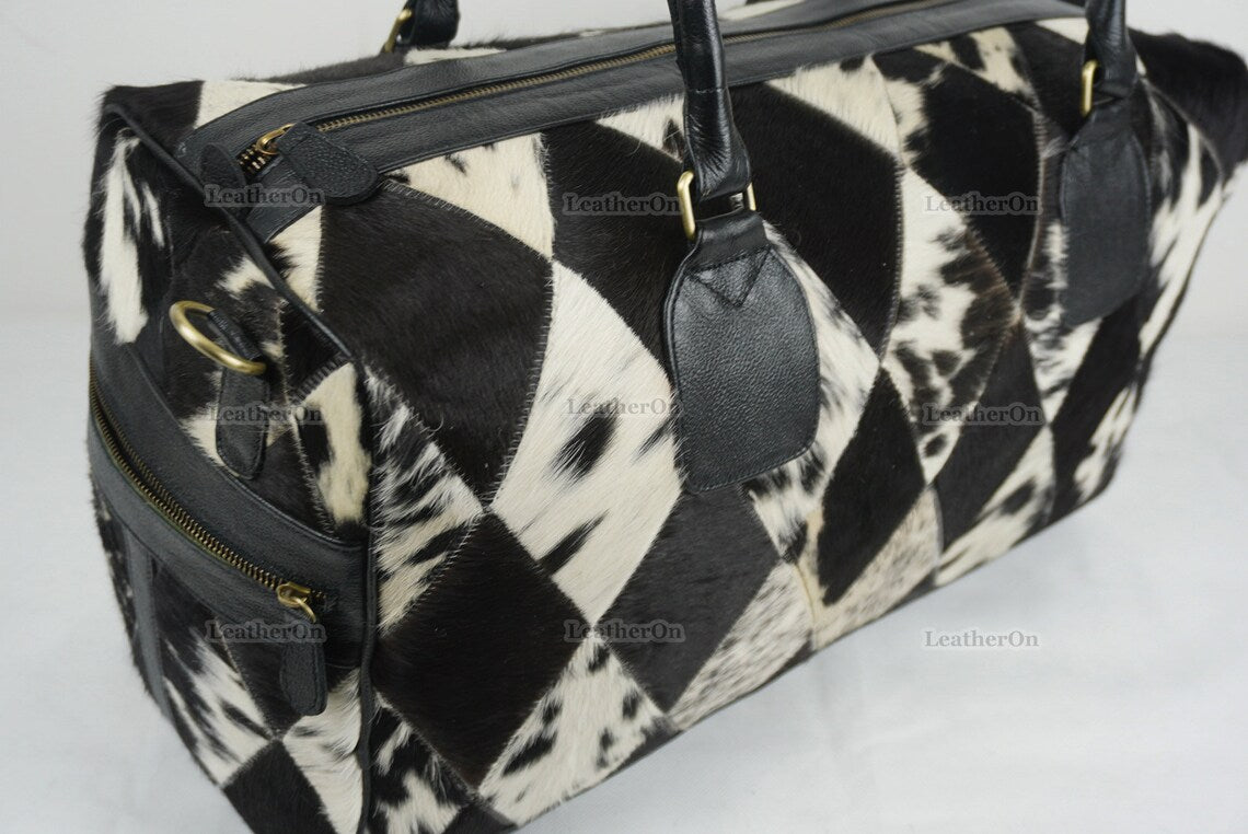 Cowhide Patchwork Duffel Bag | Natural Cowhide Duffel Bag | Hair-On-Leather Travel Bag | Cowhide Luggage Bag | Handmade Duffel Bag | DB92