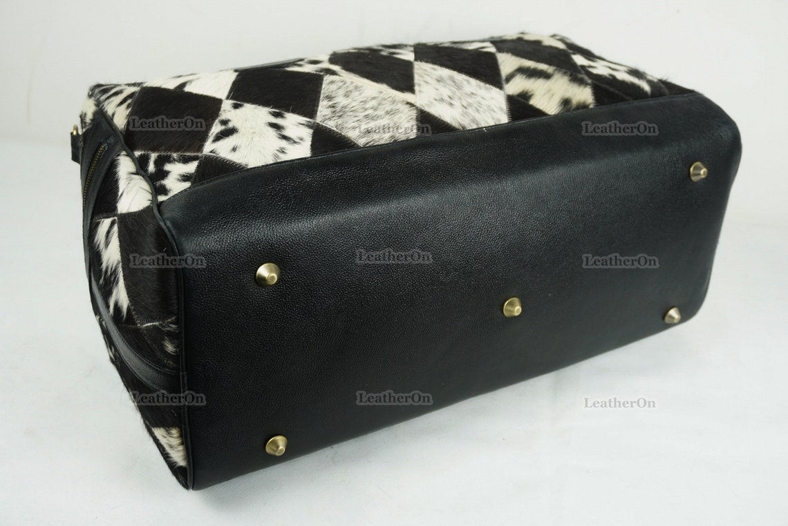Cowhide Patchwork Duffel Bag | Natural Cowhide Duffel Bag | Hair-On-Leather Travel Bag | Cowhide Luggage Bag | Handmade Duffel Bag | DB92