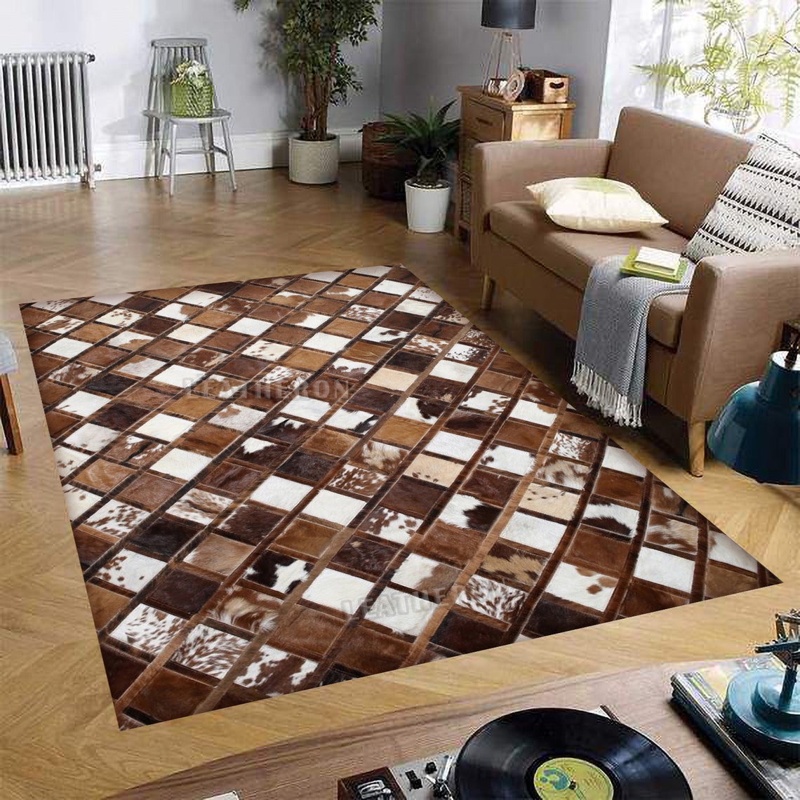 HANDMADE 100% Natural COWHIDE RUG | Patchwork Cowhide Area Rug | Real Cowhide Hallway Runner | Hair on Leather Cowhide Carpet | PR199