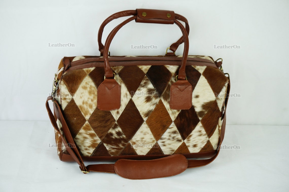Cowhide Patchwork Duffel Bag | Natural Cowhide Duffel Bag | Hair-On-Leather Travel Bag | Cowhide Luggage Bag | Handmade Duffel Bag | DB93