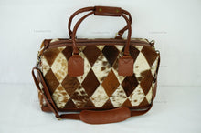 Load image into Gallery viewer, Cowhide Patchwork Duffel Bag | Natural Cowhide Duffel Bag | Hair-On-Leather Travel Bag | Cowhide Luggage Bag | Handmade Duffel Bag | DB93
