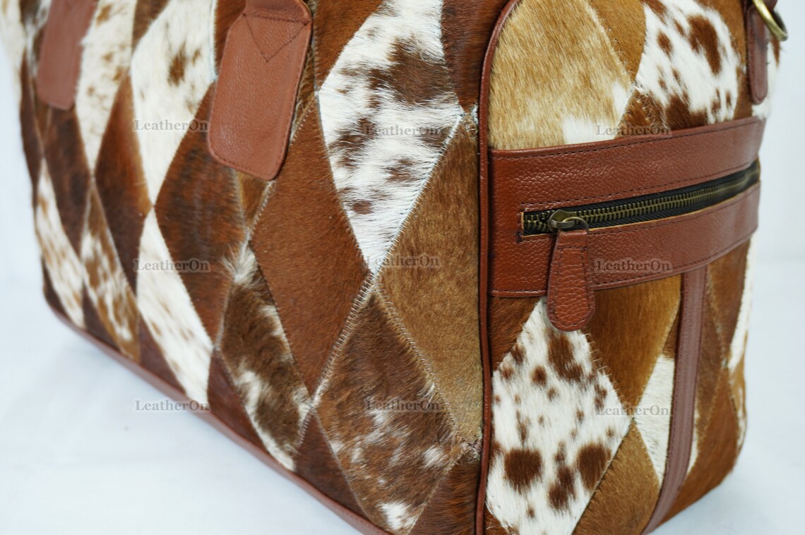Cowhide Patchwork Duffel Bag | Natural Cowhide Duffel Bag | Hair-On-Leather Travel Bag | Cowhide Luggage Bag | Handmade Duffel Bag | DB93