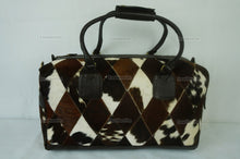Load image into Gallery viewer, Cowhide Patchwork Duffel Bag | Tricolor Cowhide Duffel Bag | Hair-On-Leather Travel Bag | Cowhide Luggage Bag | Handmade Duffel Bag | DB94

