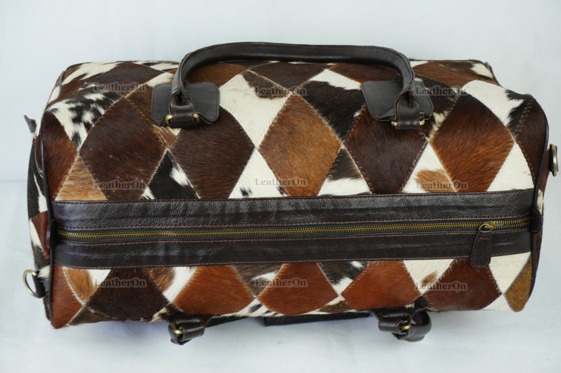 Cowhide Patchwork Duffel Bag | Tricolor Cowhide Duffel Bag | Hair-On-Leather Travel Bag | Cowhide Luggage Bag | Handmade Duffel Bag | DB94