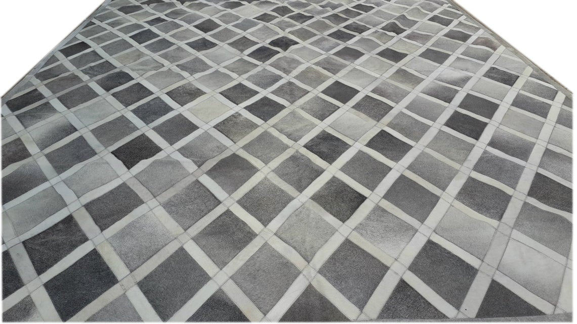 Handmade Patchwork Rug for Modern Interior | Grey Cowhide Leather Carpet | PR188