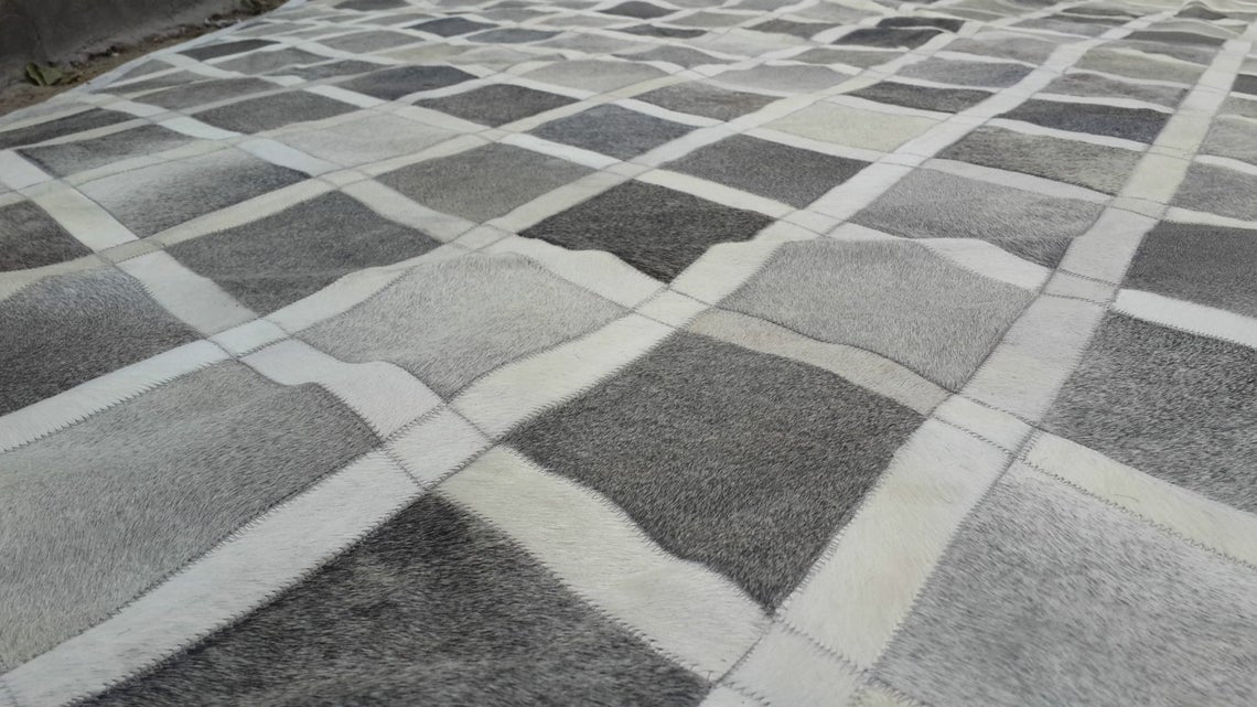 Handmade Patchwork Rug for Modern Interior | Grey Cowhide Leather Carpet | PR188