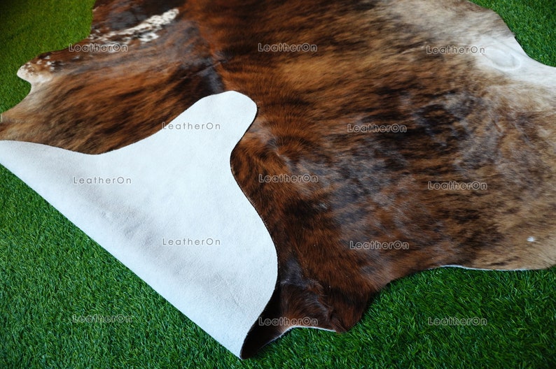 Medium (5 X 5 ft.) EXACT As Photo, Brindle Tricolor COWHIDE Area RUG | 100% Natural Cowhide Rug | Hair-on Cowhide Leather Rug | C589