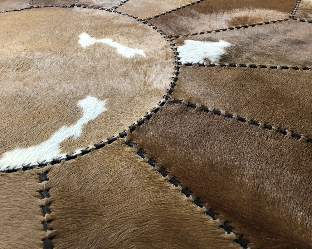 100% Natural Cowhide Patchwork Rug, Hand-Tanned and Hand-Stitched| Hair on Carpet With Leather Braided Work | PR102