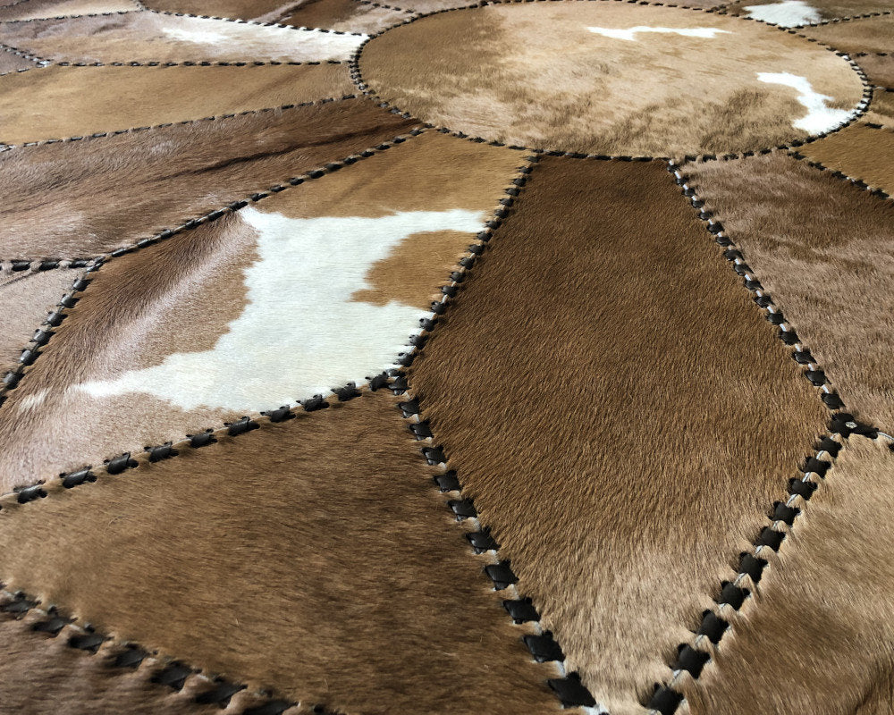 100% Natural Cowhide Patchwork Rug, Hand-Tanned and Hand-Stitched| Hair on Carpet With Leather Braided Work | PR102
