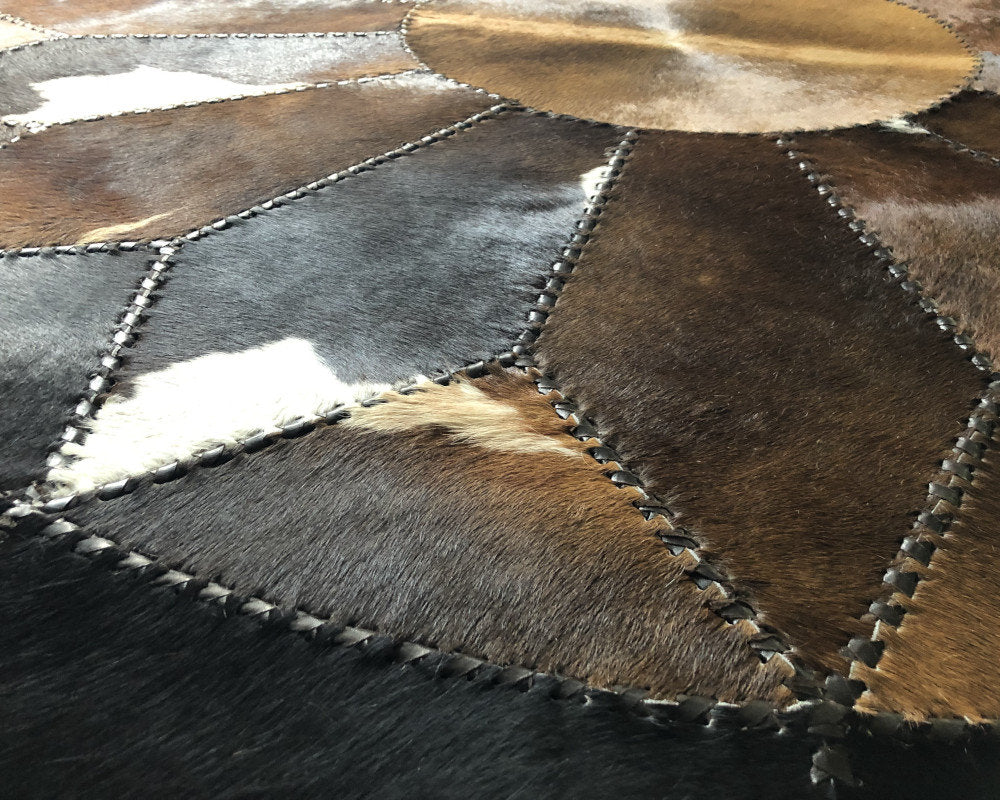 Braided Classic Quality Made Hand Woven with Solid Color Detail, Area Rug | Hair on Leather Patchwork Carpet | PR127