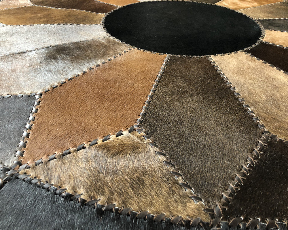 Braided Classic Quality Made Hand Woven with Solid Color Detail, Area Rug | Hair on Leather Patchwork Carpet | PR127