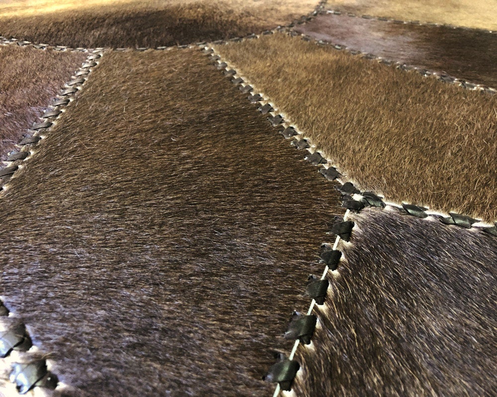 Braided Classic Quality Made Hand Woven with Solid Color Detail, Area Rug | Hair on Leather Patchwork Carpet | PR127