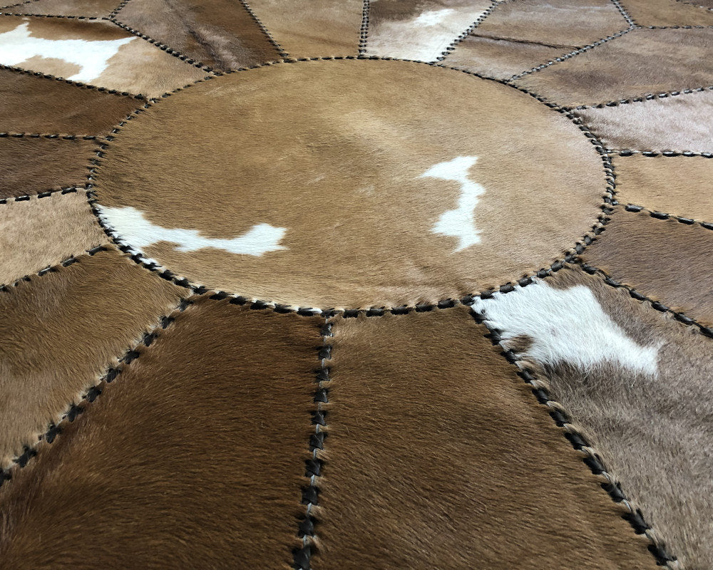 100% Natural Cowhide Patchwork Rug, Hand-Tanned and Hand-Stitched| Hair on Carpet With Leather Braided Work | PR102