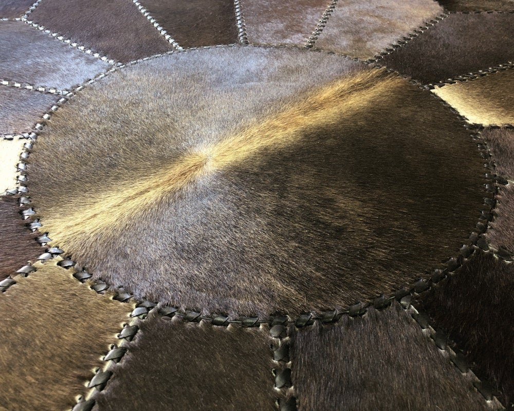 Braided Classic Quality Made Hand Woven with Solid Color Detail, Area Rug | Hair on Leather Patchwork Carpet | PR127