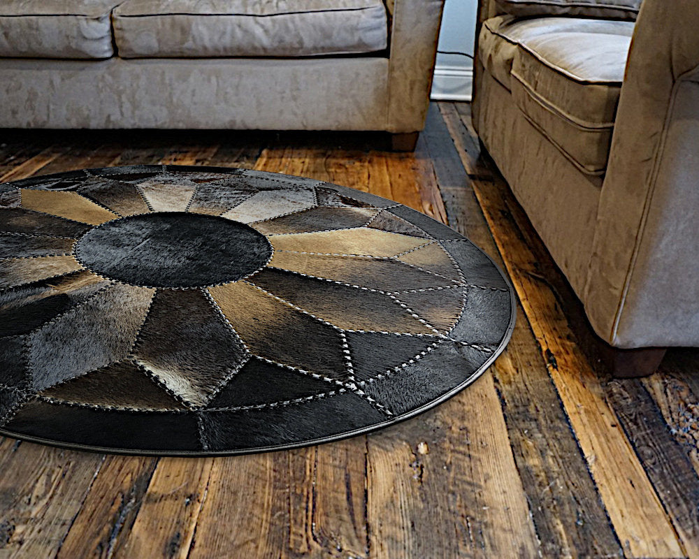 Braided Classic Quality Made Hand Woven with Solid Color Detail, Area Rug | Hair on Leather Patchwork Carpet | PR127
