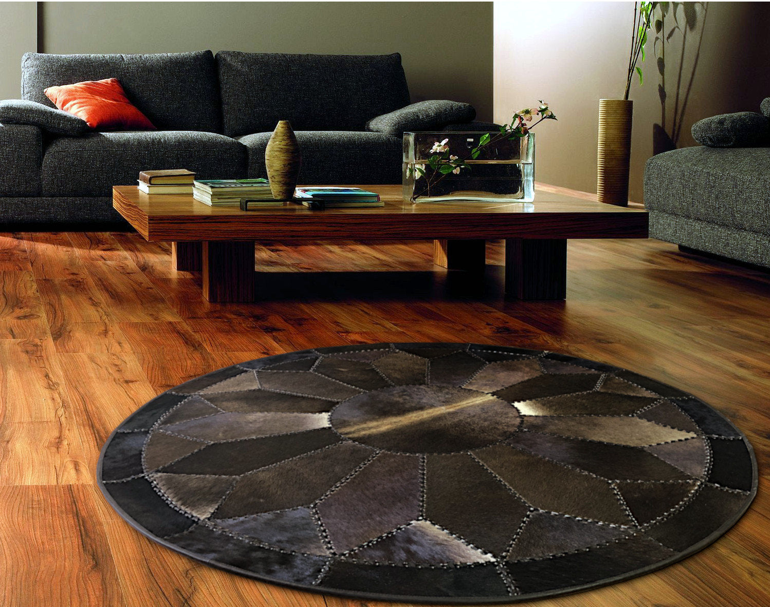 Braided Classic Quality Made Hand Woven with Solid Color Detail, Area Rug | Hair on Leather Patchwork Carpet | PR127
