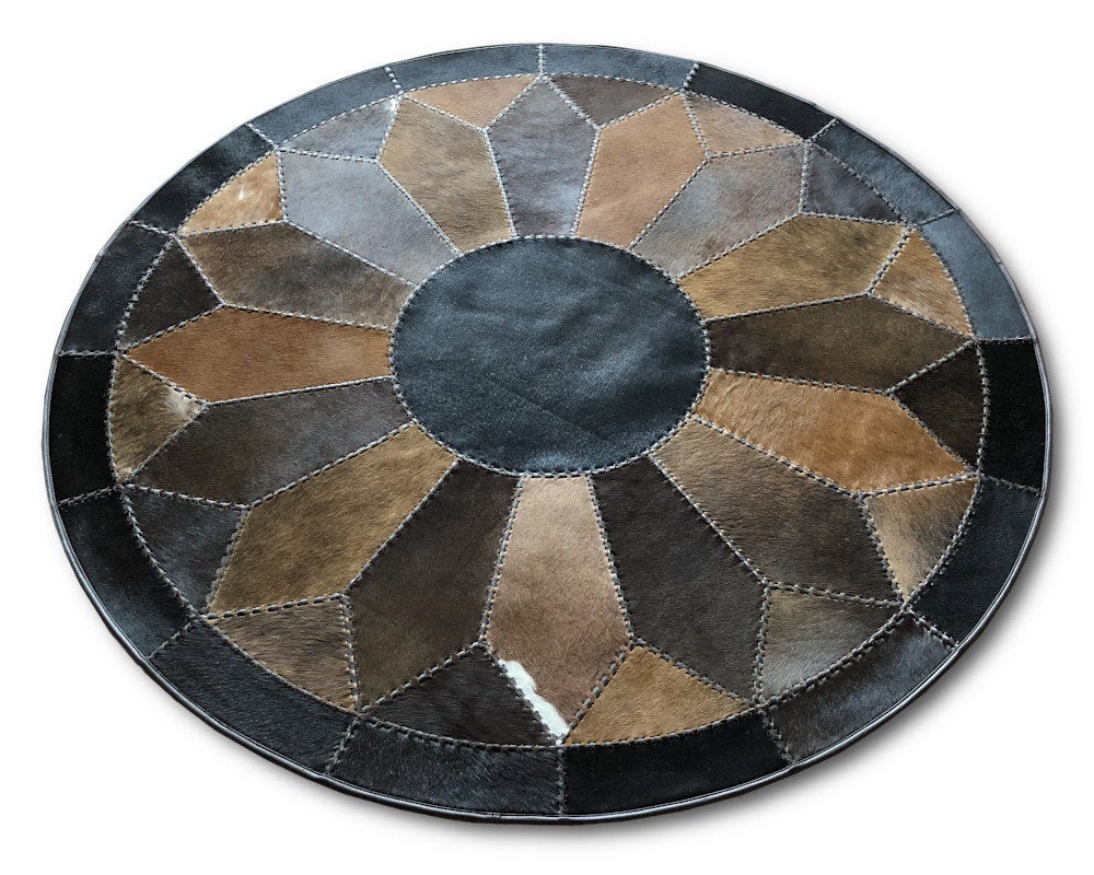 Braided Classic Quality Made Hand Woven with Solid Color Detail, Area Rug | Hair on Leather Patchwork Carpet | PR127