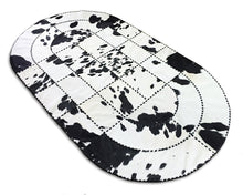 Load image into Gallery viewer, Handmade Natural Cowhide Patchwork Carpet Silky Soft Hair on Leather Area Rug Black White Oval Shape Carpet ( Similar As Pictured )
