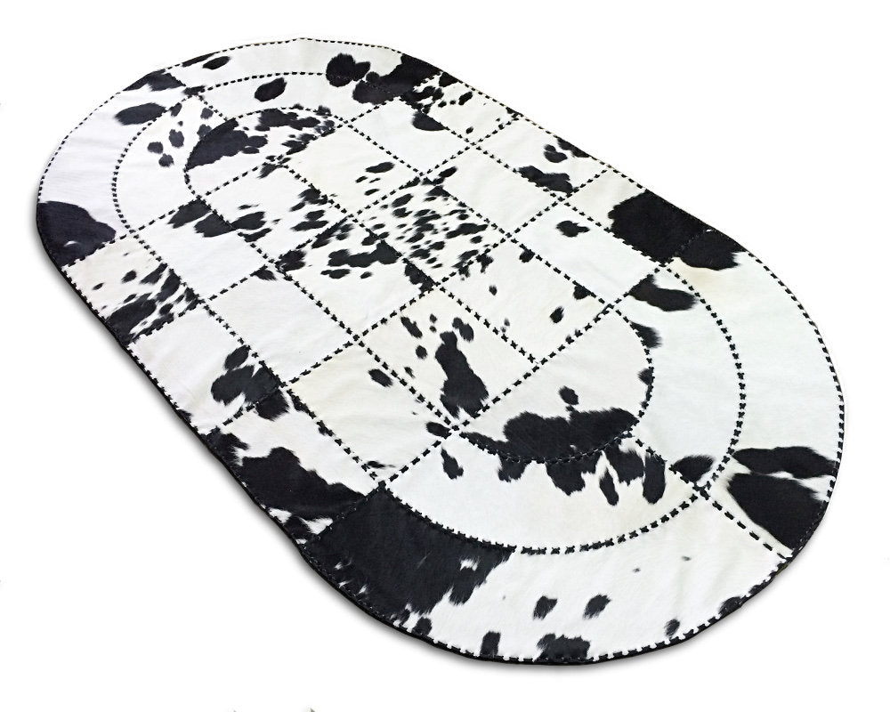 Handmade Natural Cowhide Patchwork Carpet Silky Soft Hair on Leather Area Rug Black White Oval Shape Carpet ( Similar As Pictured )