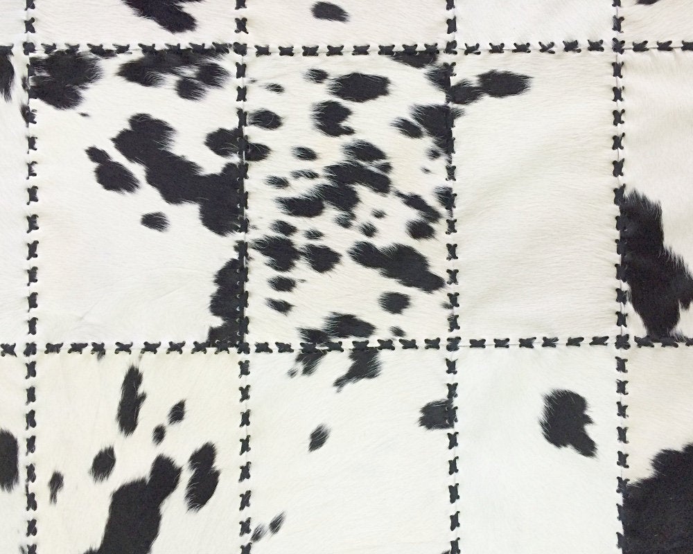 Handmade Natural Cowhide Patchwork Carpet Silky Soft Hair on Leather Area Rug Black White Oval Shape Carpet ( Similar As Pictured )