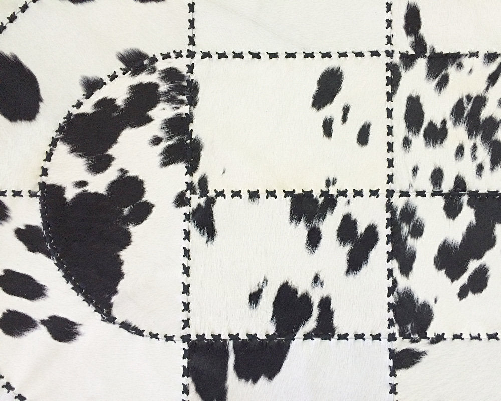 Handmade Natural Cowhide Patchwork Carpet Silky Soft Hair on Leather Area Rug Black White Oval Shape Carpet ( Similar As Pictured )
